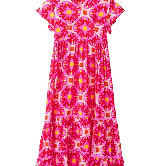 Strawberry Pink Geo Print V-neck Maxi Dress Bohemian Long Dress - Picture 6 of 12